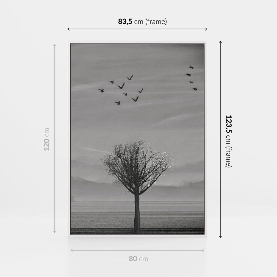 Obraz w ramie 80x120 - Samotne Drzewo - samotne drzewo w polu, czarno białe zdjęcie - rama biała