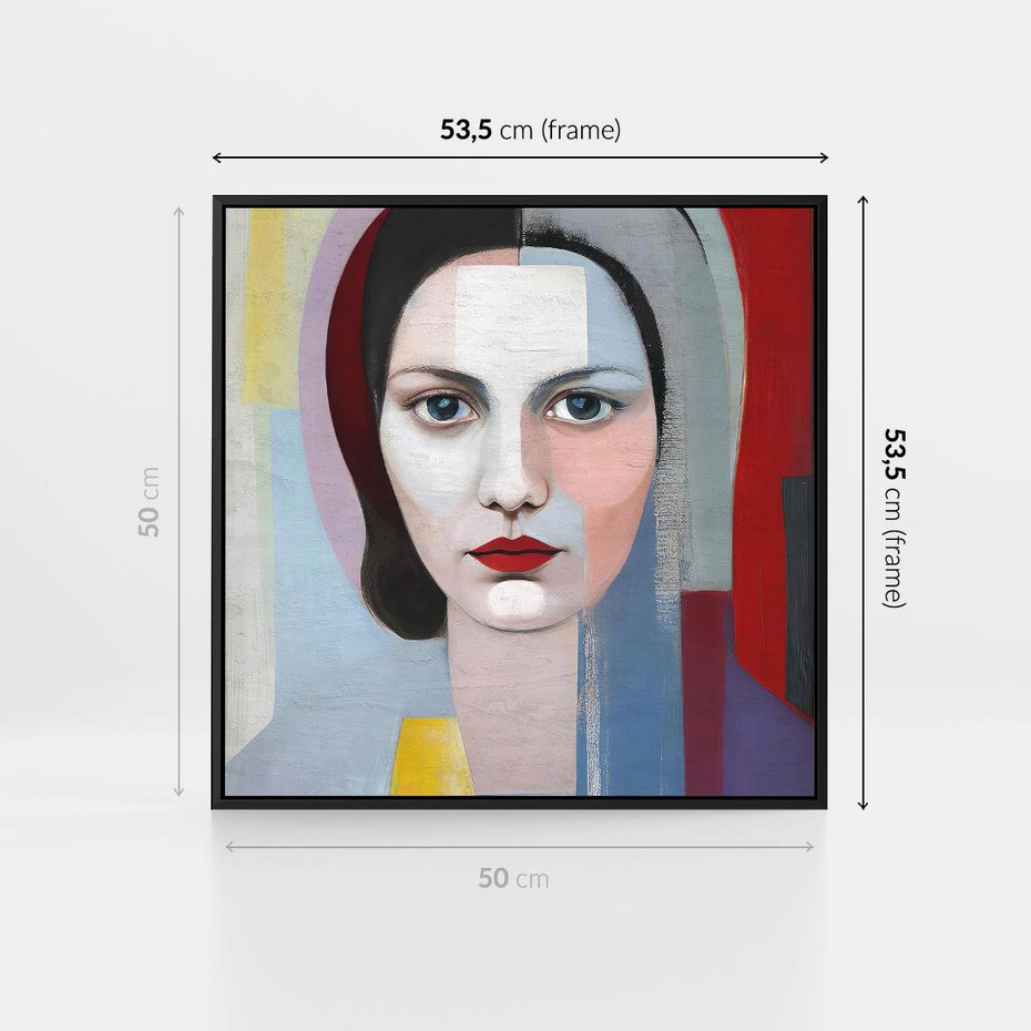 Obraz w ramie 50x50 - Kolorowe Granice Form - abstrakcyjny obraz olejny, portret twarzy kobiety - rama czarna