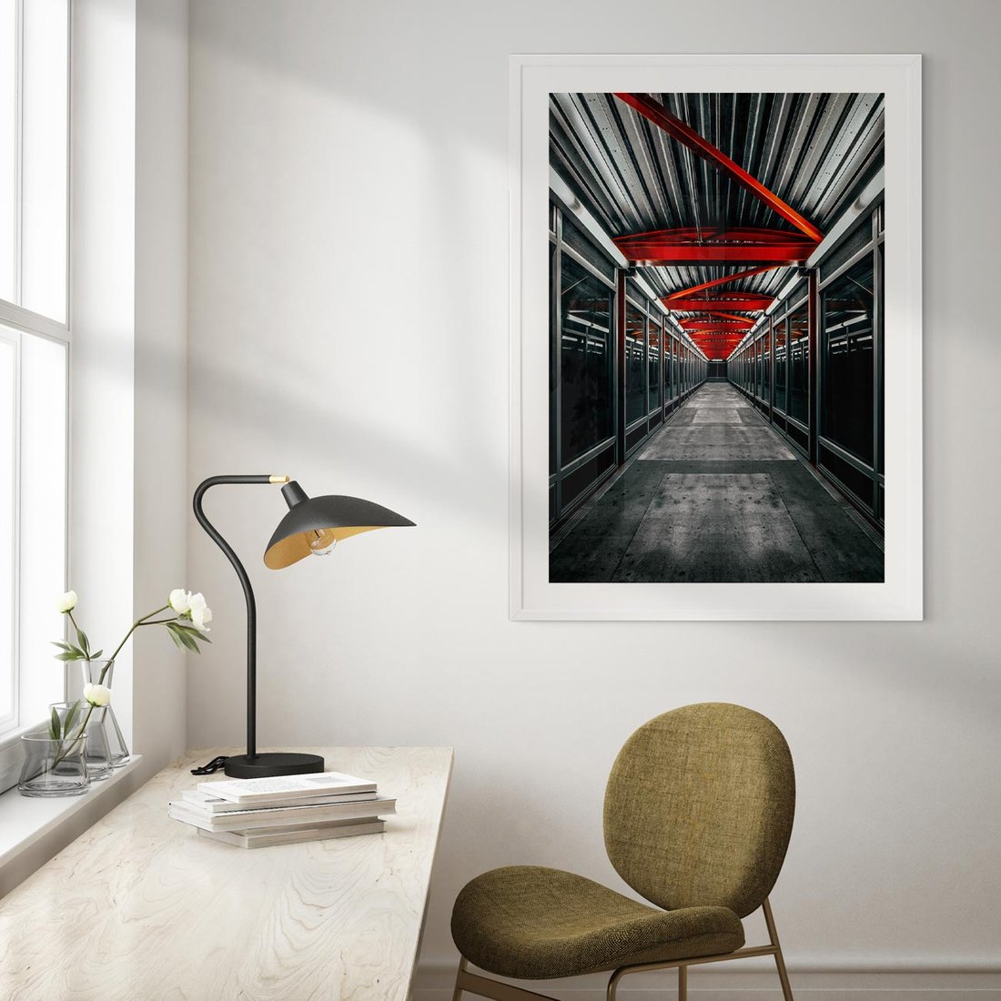 Plakat w ramie 40x50 - Nieskończoność Przestrzeni - korytarz, perspektywa - rama biała