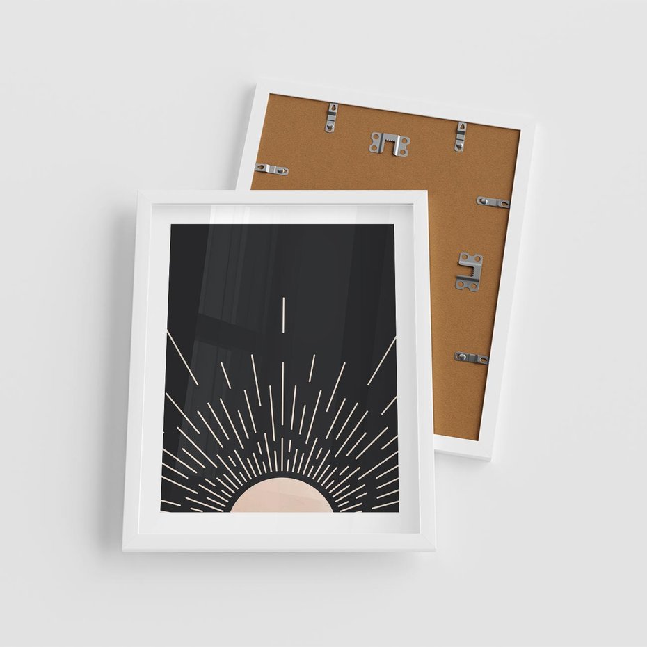 Plakat w ramie 40x50 - Słoneczny Portret Duszy - boho czarne słońce, nowoczesna grafika - rama biała