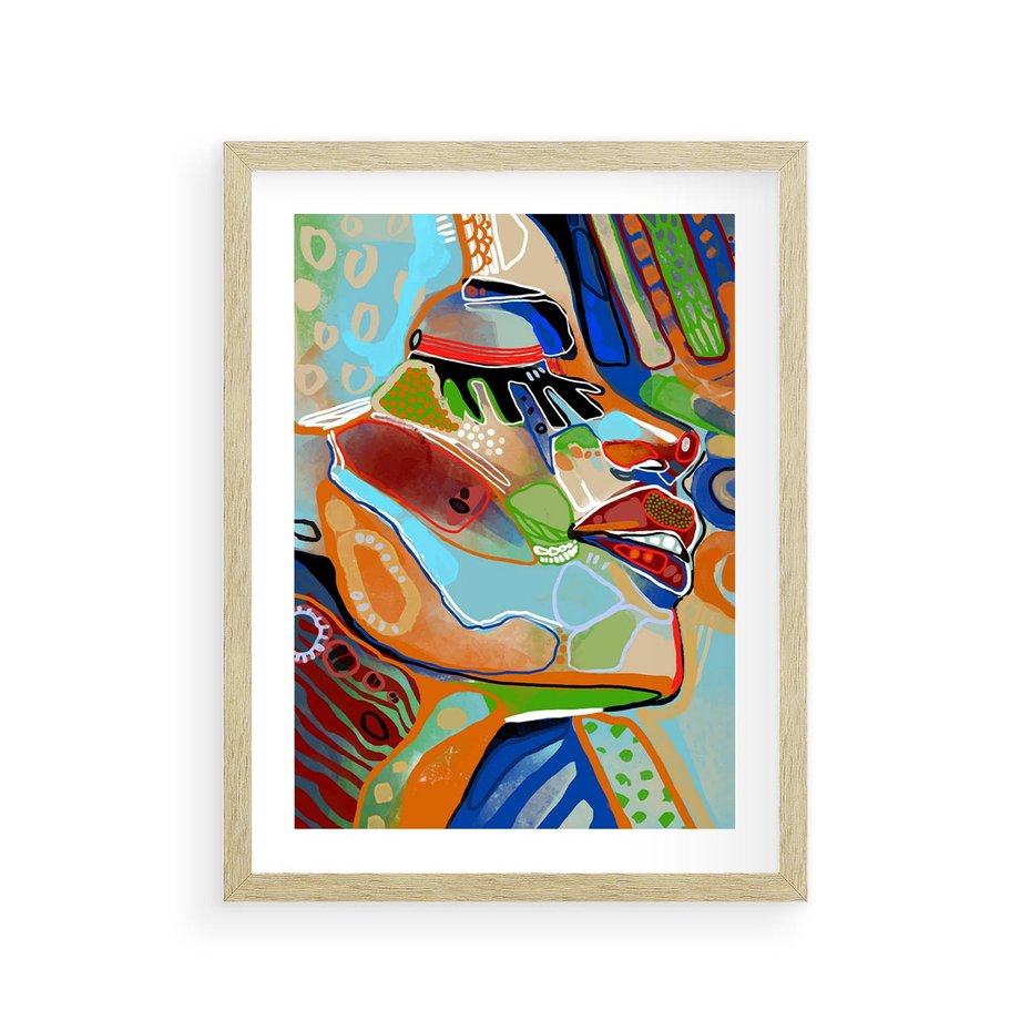 Plakat w ramie 30x40 - Kolorowe Wnętrza Kształtów - abstrakcyjny portret kobiety, twarz - rama drewno