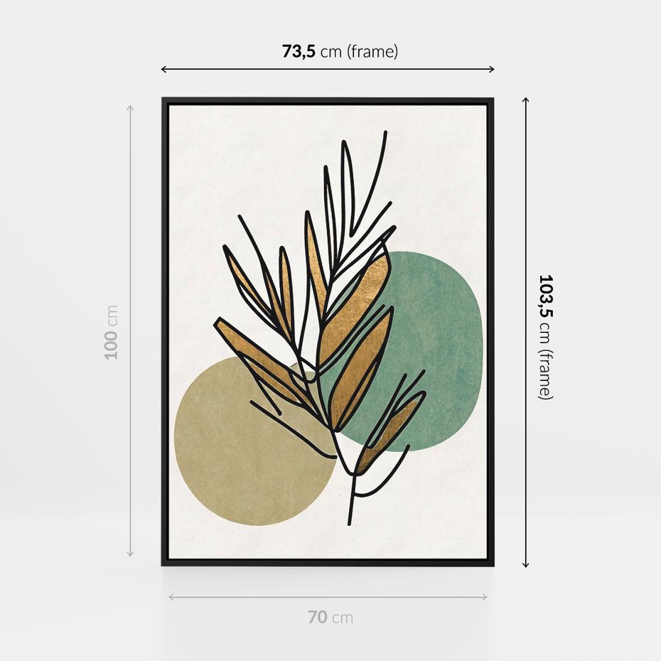 Obraz w ramie 70x100 - Migocące Ścieżki Wizji - abstrakcyjny obraz boho, liście - rama czarna