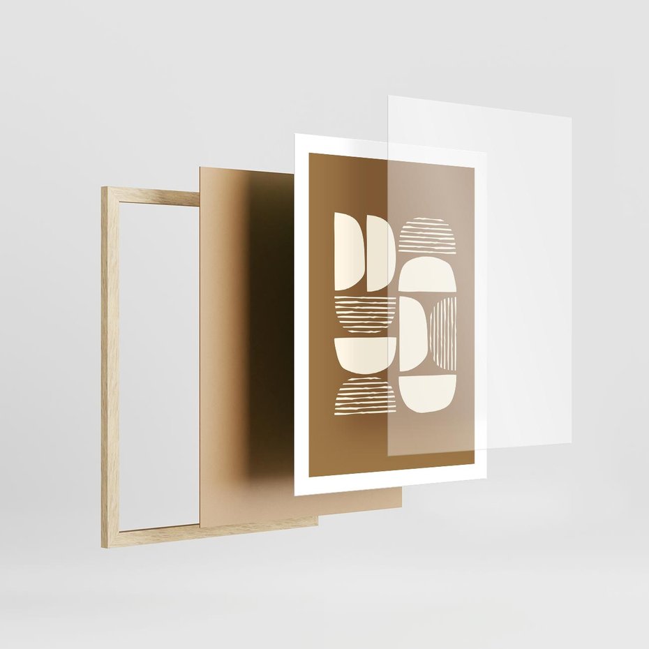 Plakat w ramie 50x70 - Wewnętrzne Spektrum - geometryczne boho kształty na brązowym, karmelowym tle - rama drewno