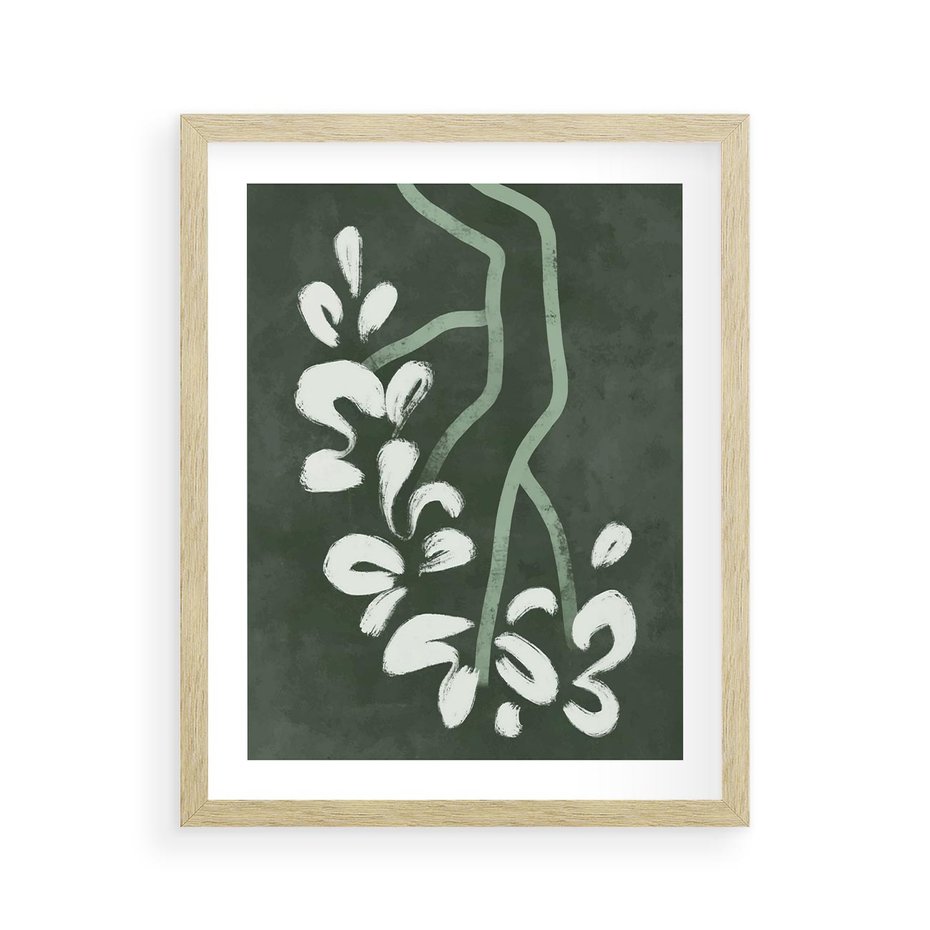 Plakat w ramie 40x50 - Rozkwitające Zielone Gałęzie - abstrakcyjne delikatne zielone linie, podobne do gałęzi kwiatów - rama drewno