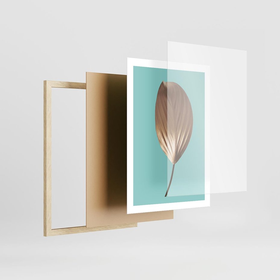 Plakat w ramie 50x70 - Delikatna Harmonia - złote, liście - rama drewno