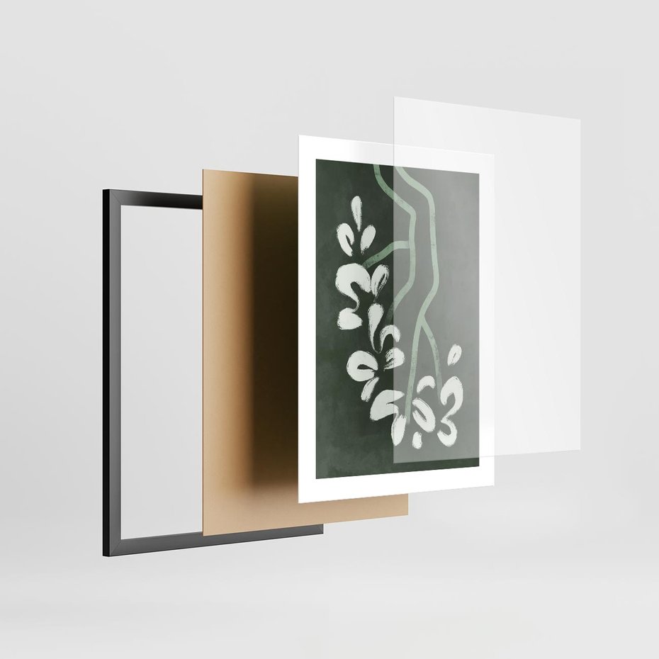 Plakat w ramie 30x40 - Rozkwitające Zielone Gałęzie - abstrakcyjne delikatne zielone linie, podobne do gałęzi kwiatów - rama czarna