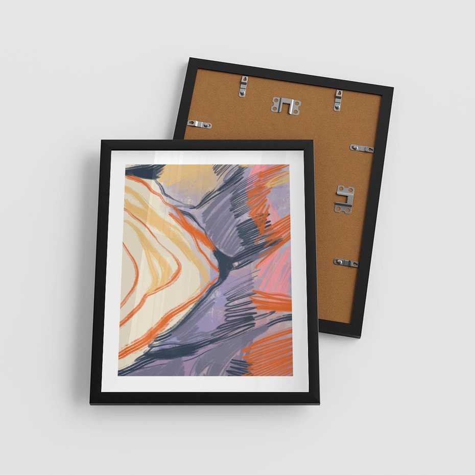 Plakat w ramie 40x50 - Pokreślony Świat - abstrakcyjne formy, odcienie pomarańczu i fioletu - rama czarna