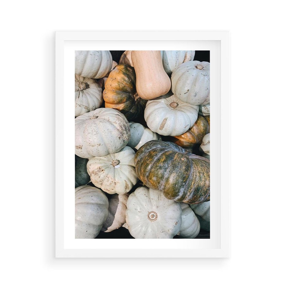Plakat w ramie 50x70 - Minimalizm Jesieni - dynie, białe - rama biała