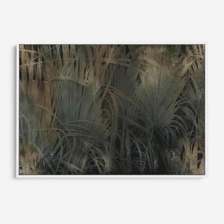 Obraz w ramie 120x80 - Światło w mroku duszy - liście traw, mroczny klimat - rama biała