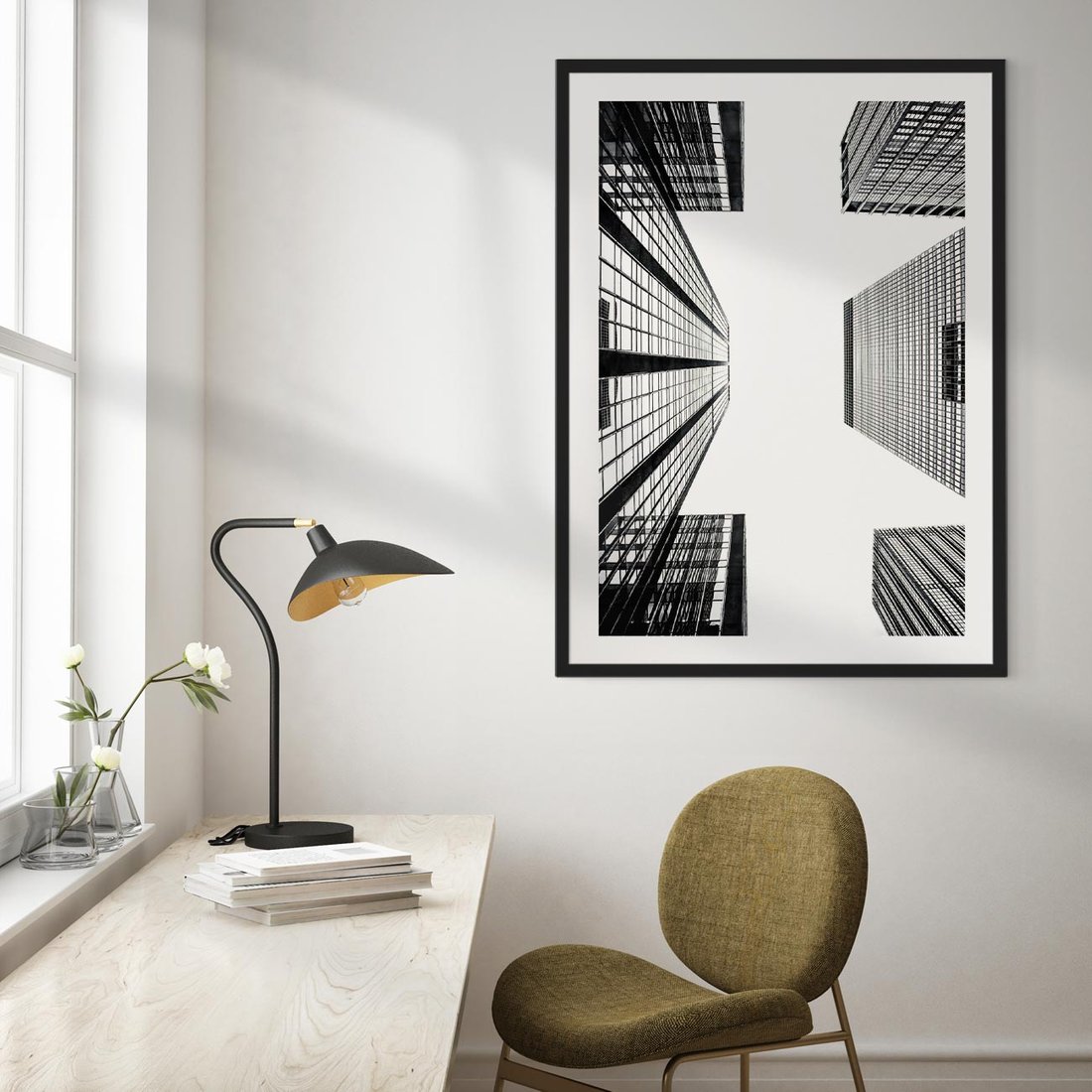 Plakat w ramie 50x70 - Architektoniczna Symetria - architektura, wysoki wieżowiec - rama czarna