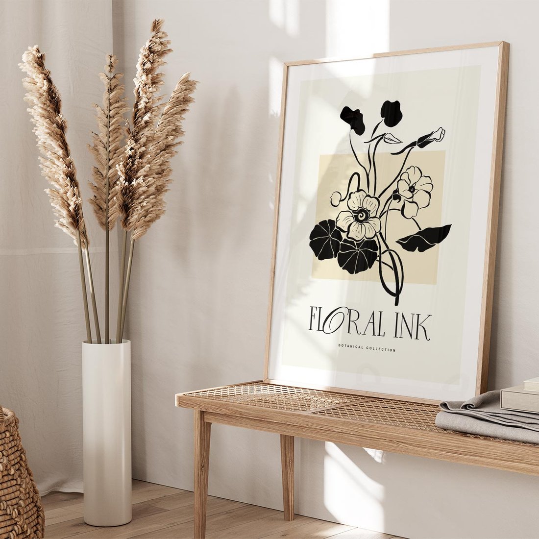 Plakat w ramie 50x70 - Podróż linii kwiatowego czasu - kwiaty, typografia - rama drewno