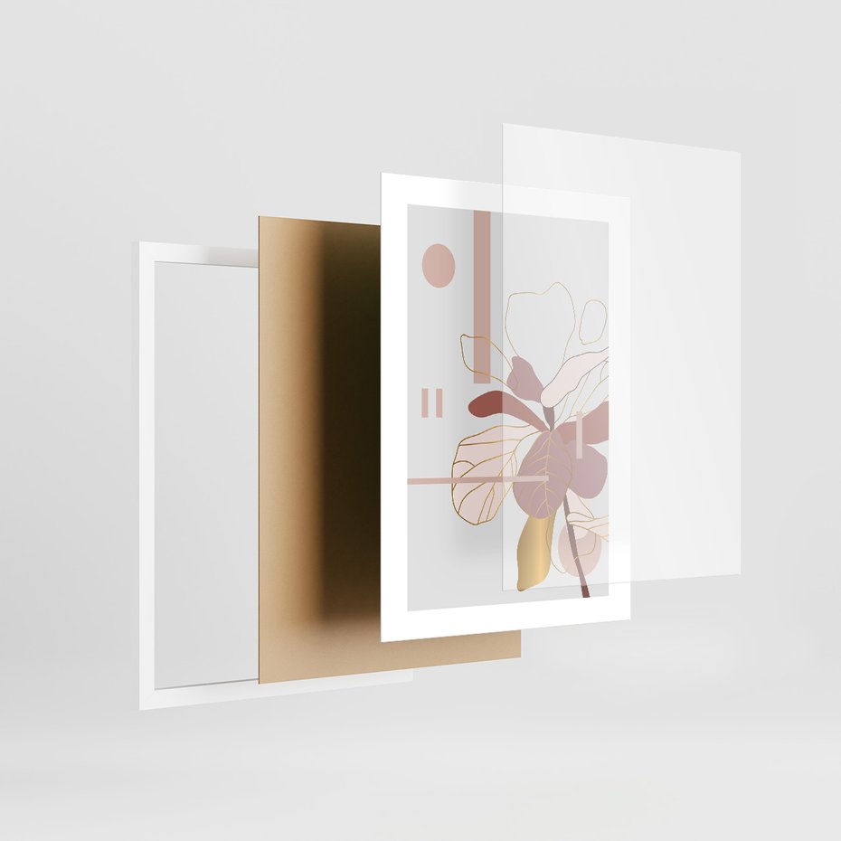 Zestaw obrazy w ramie 50x70 galeria - Złote, liście, pastelowe, nowoczesne - rama biała