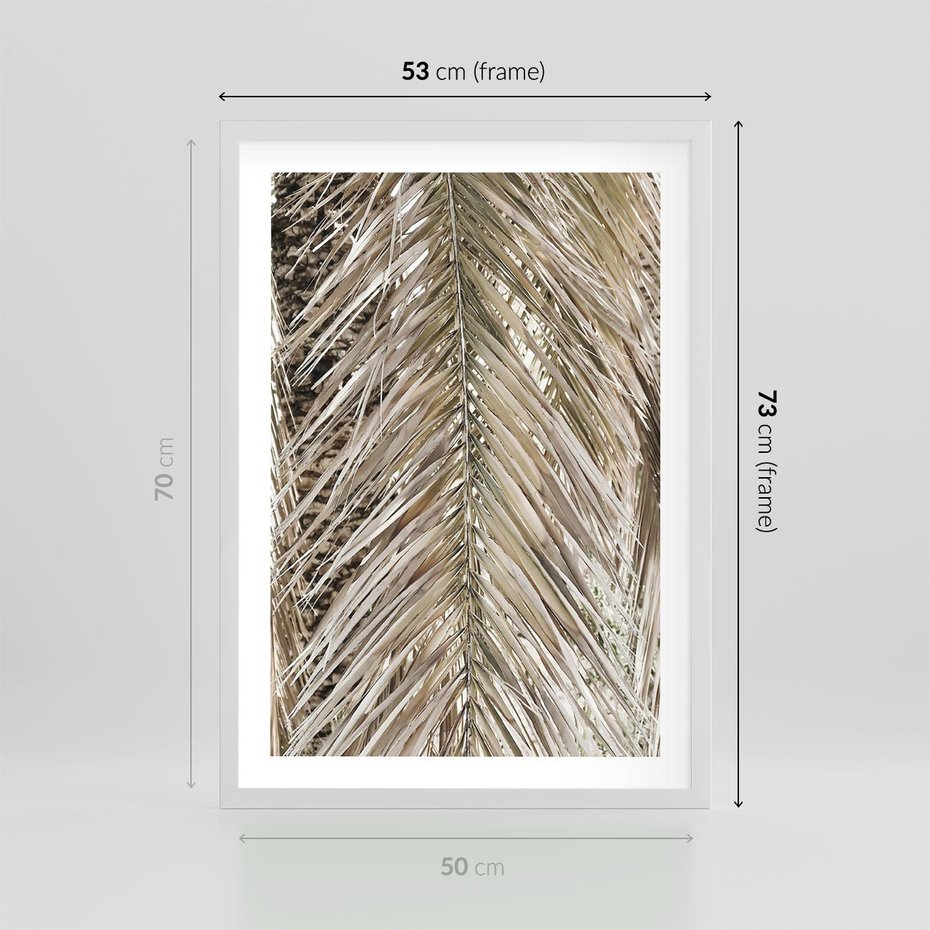Plakat w ramie 50x70 - Boho Urok Palmy: Zbliżenie Natury - sucha palma, zbliżenie - rama biała
