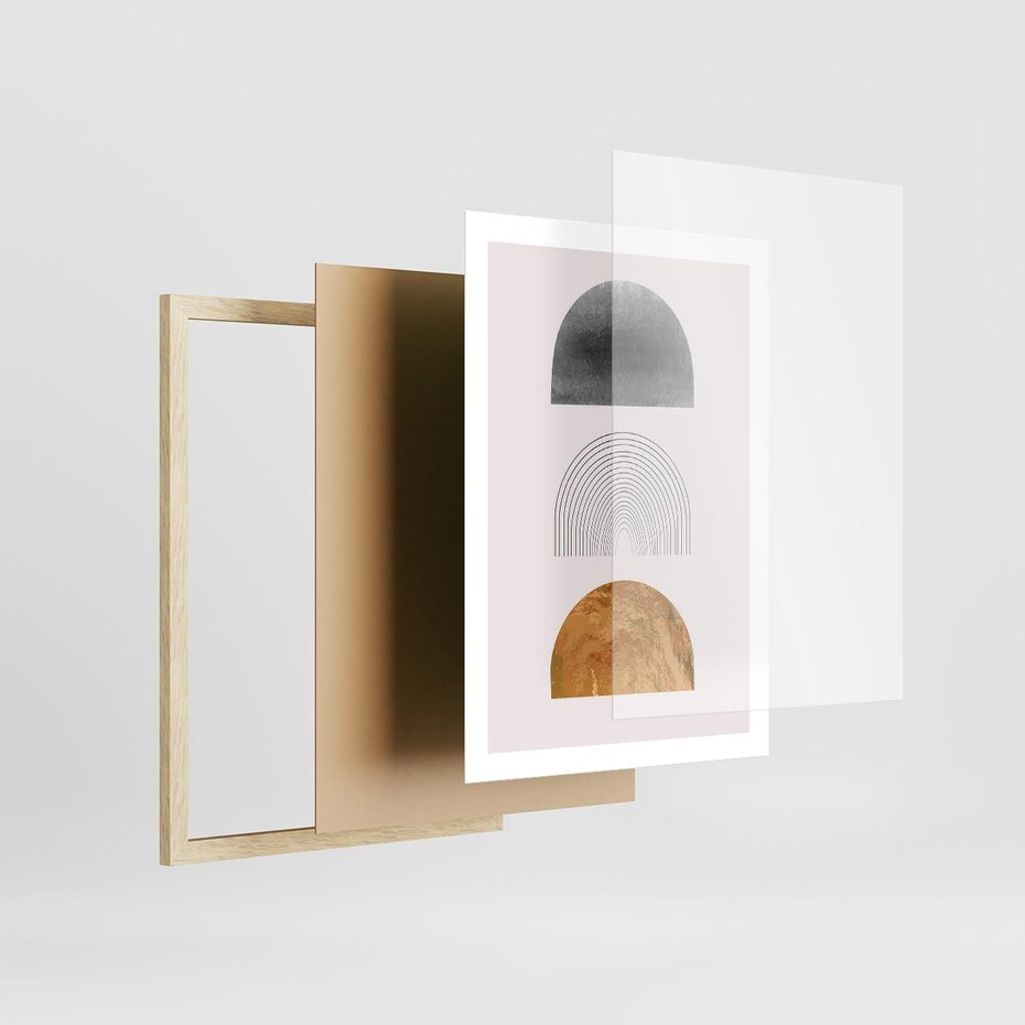 Plakat w ramie 50x70 - Piękno wGeometrycznych Kształtach i Złocie - nowoczesna geometryczna grafika, złote elementy - rama drewno