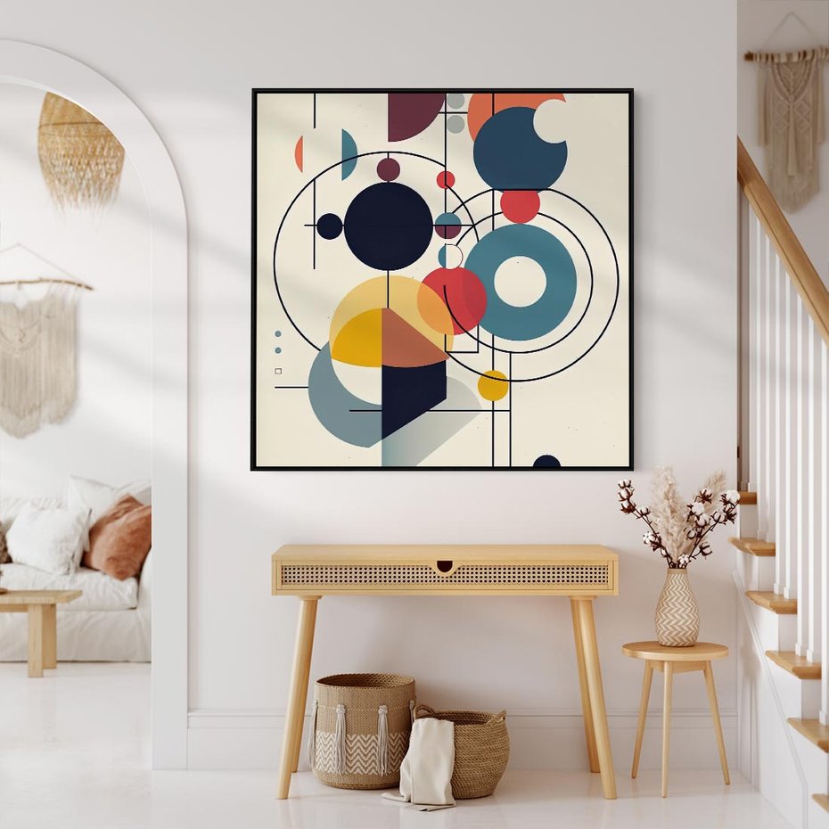 Obraz w ramie 50x50 - Rozbijające Barwne Granice - abstrakcyjna geometryczna kompozycja, koła linie - rama czarna