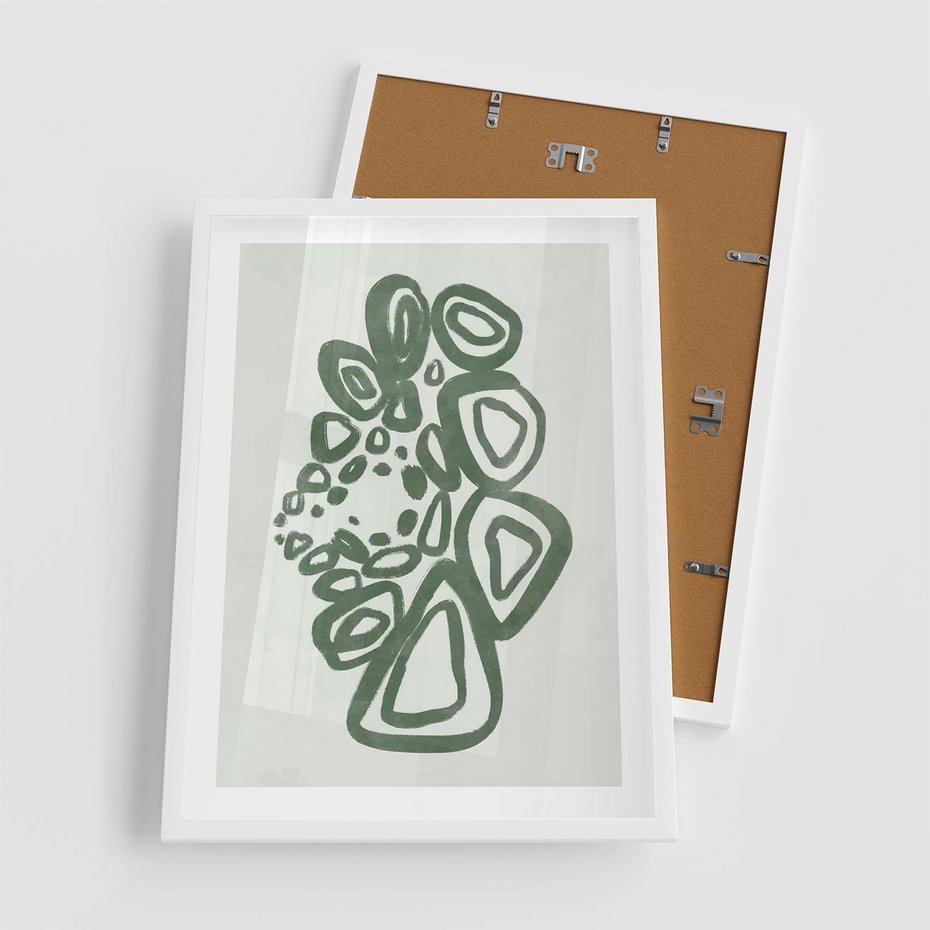 Plakat w ramie 50x70 - Migotliwe Widzenia Zieleni - zielona abstrakcja, zgaszona zieleń - rama biała