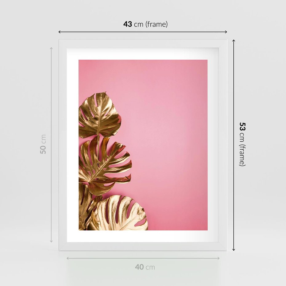 Plakat w ramie 40x50 - Luksusowa Elegancja - złote, liście - rama biała