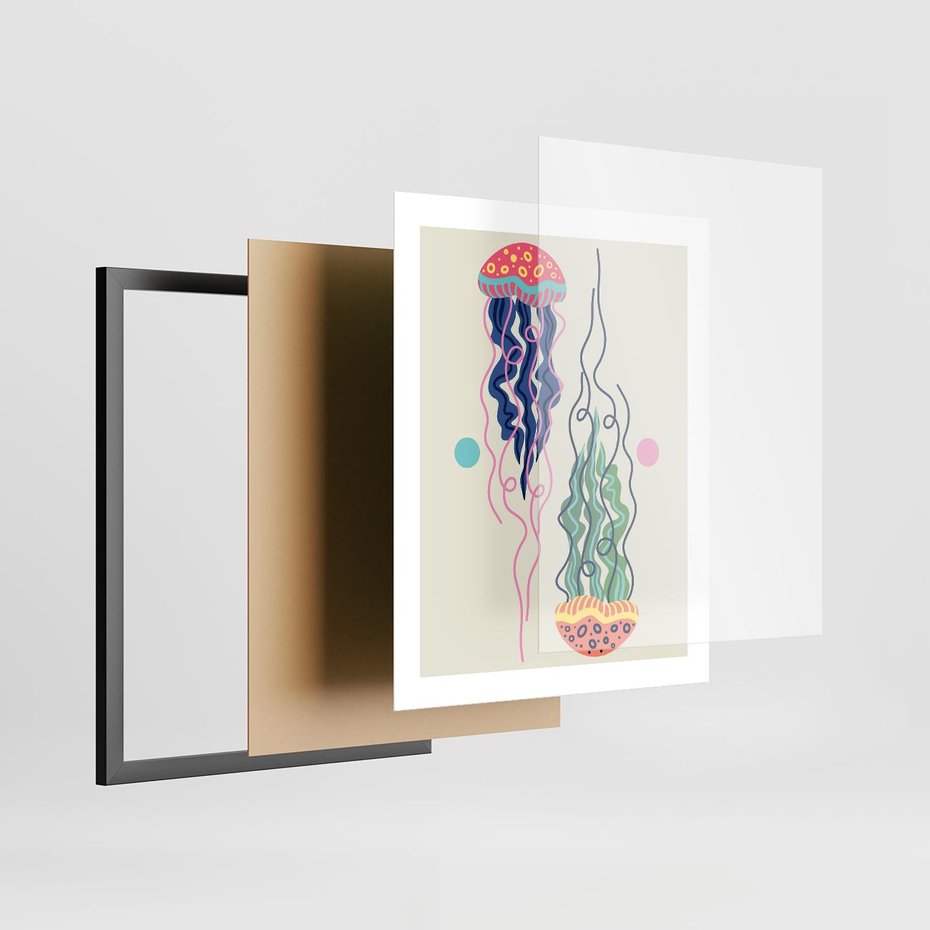 Plakat w ramie 40x50 - Morskie Pulsacje - nowoczesny optymistyczny plakat, kolorowe meduzy - rama czarna