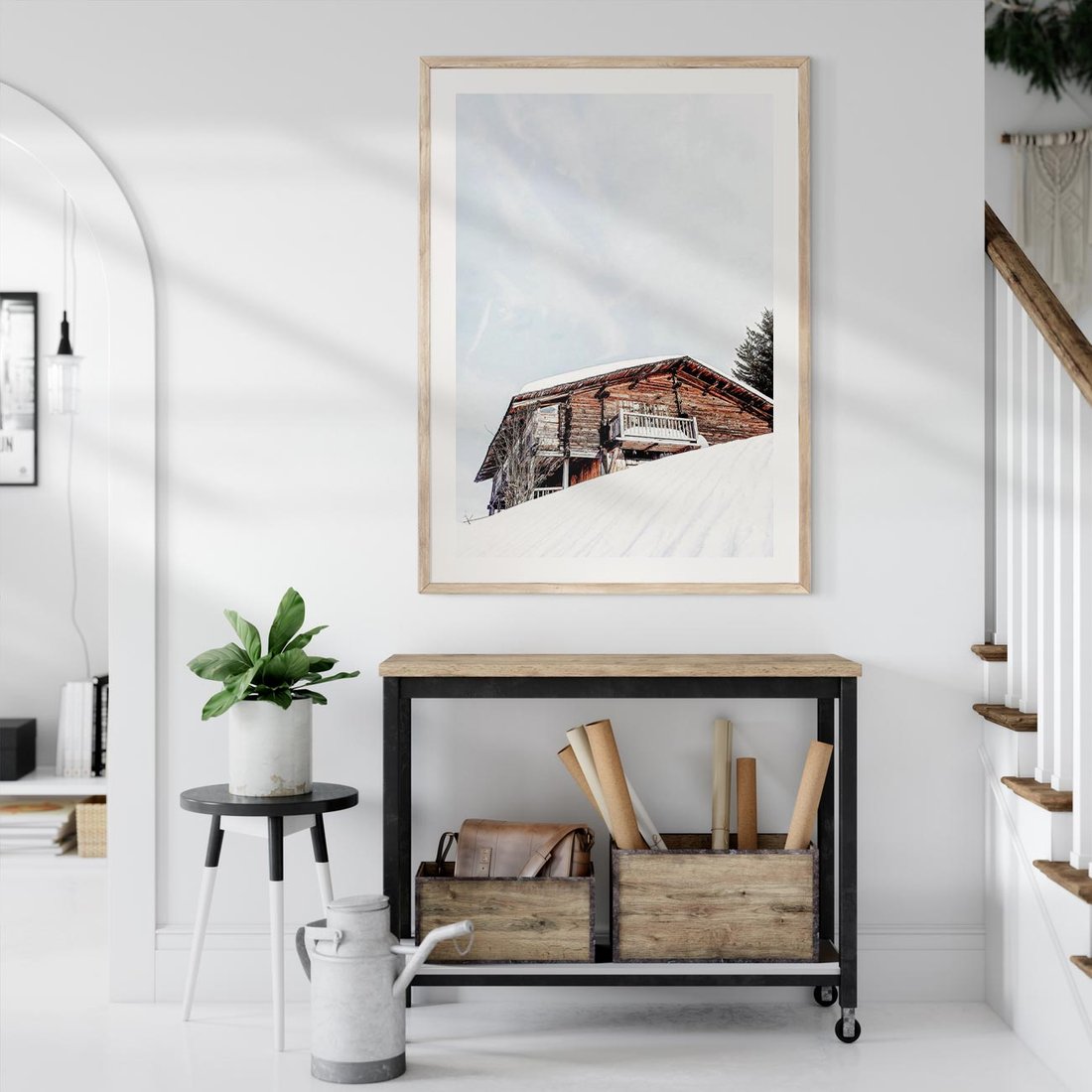 Plakat w ramie 30x40 - Spokój Górskiej Zimy - chatka w górach, domek górski - rama drewno