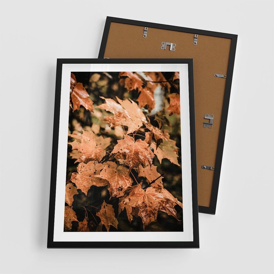 Plakat w ramie 50x70 - Ciepło Jesieni - jesienne pomarańczowe liśćie, jesień - rama czarna
