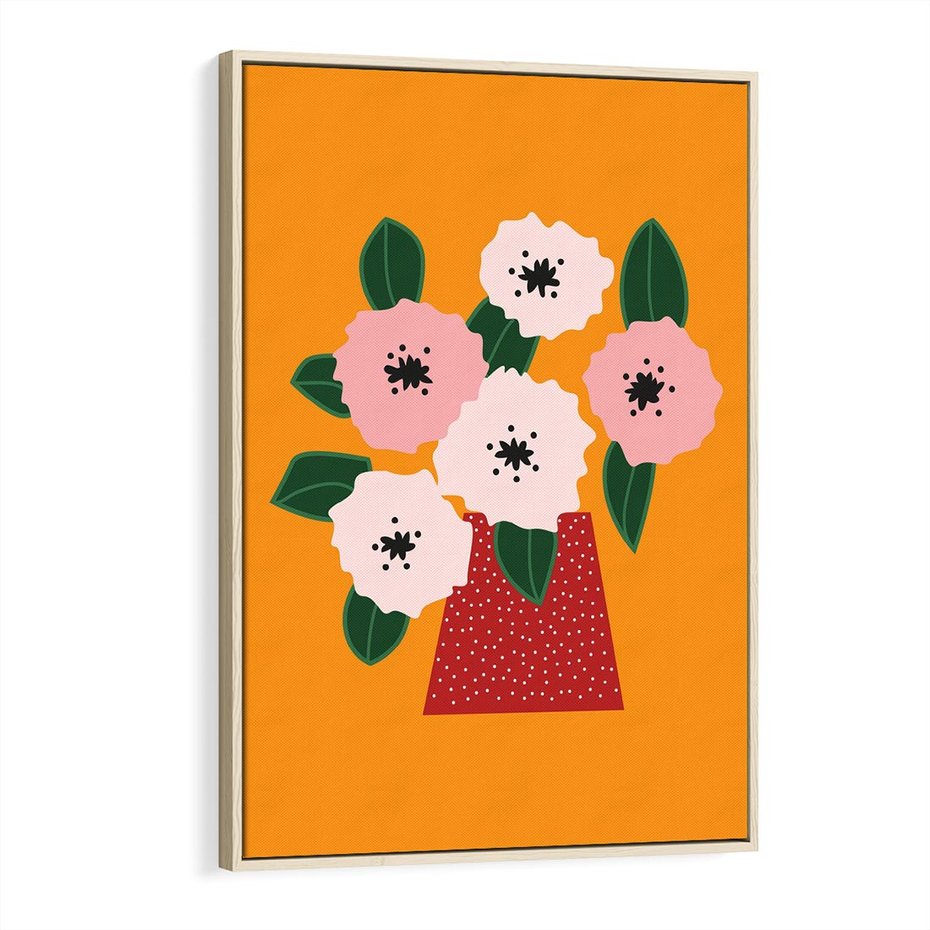 Obraz w ramie 70x100 - Harmonijne Granice - abstrakcyjne kwiaty, żółte tło - rama drewno