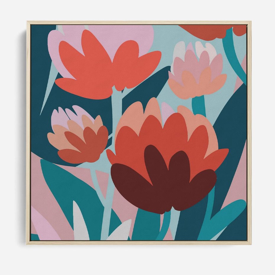 Obraz w ramie 50x50 - Symfonia Kwiatów - abstrakcyjna kompozycja kwiatowych form, kolor zgaszone - rama drewno