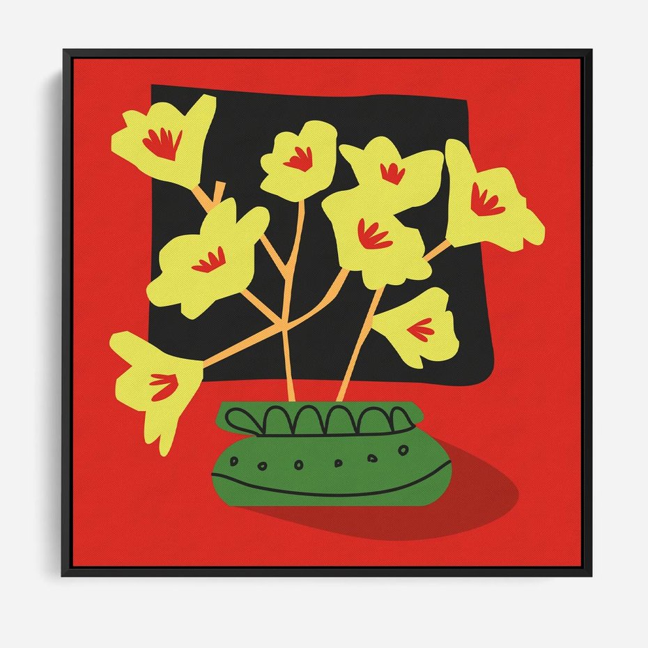 Obraz w ramie 50x50 - Abstrakcyjne Przenikanie - abstrakcyjne kwiaty, czerwone tło - rama czarna