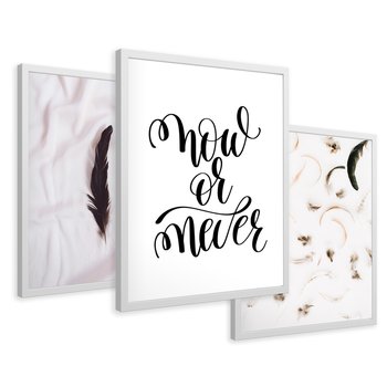 Zestaw obrazy w ramie 30x40 galeria - Cytat, motywacyjny, pióra, boho - rama biała