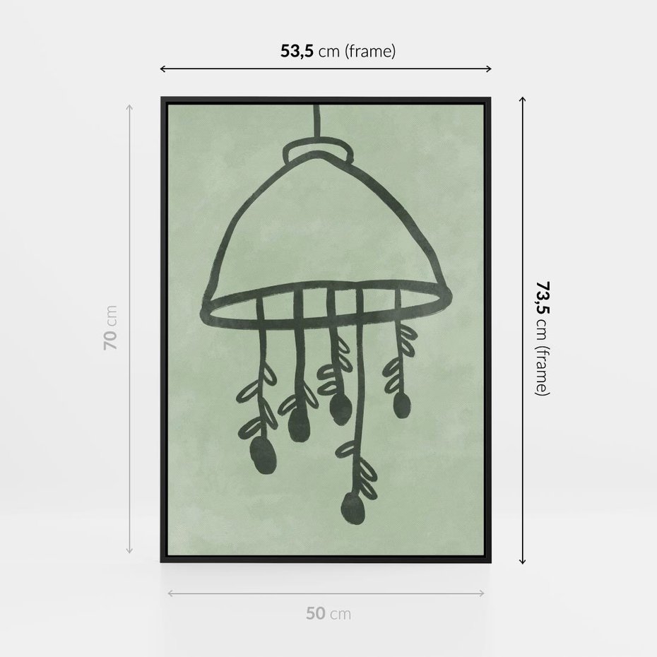 Obraz w ramie 50x70 - Zieleń Inspirującego Spokoju - plakat z abstrakcyjną zieloną lampą, skandynawski design - rama czarna