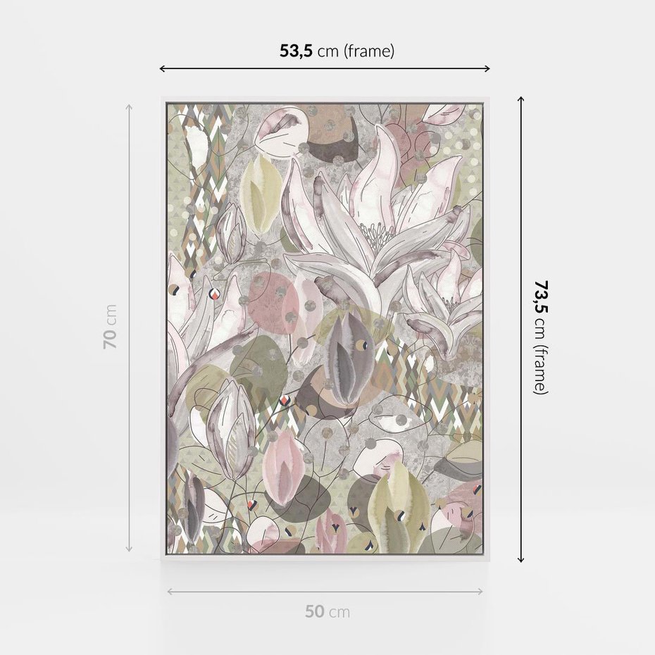 Obraz w ramie 50x70 - Pejzaże zatajonej duszy - połączenie tekstur, roślinne motywy - rama biała