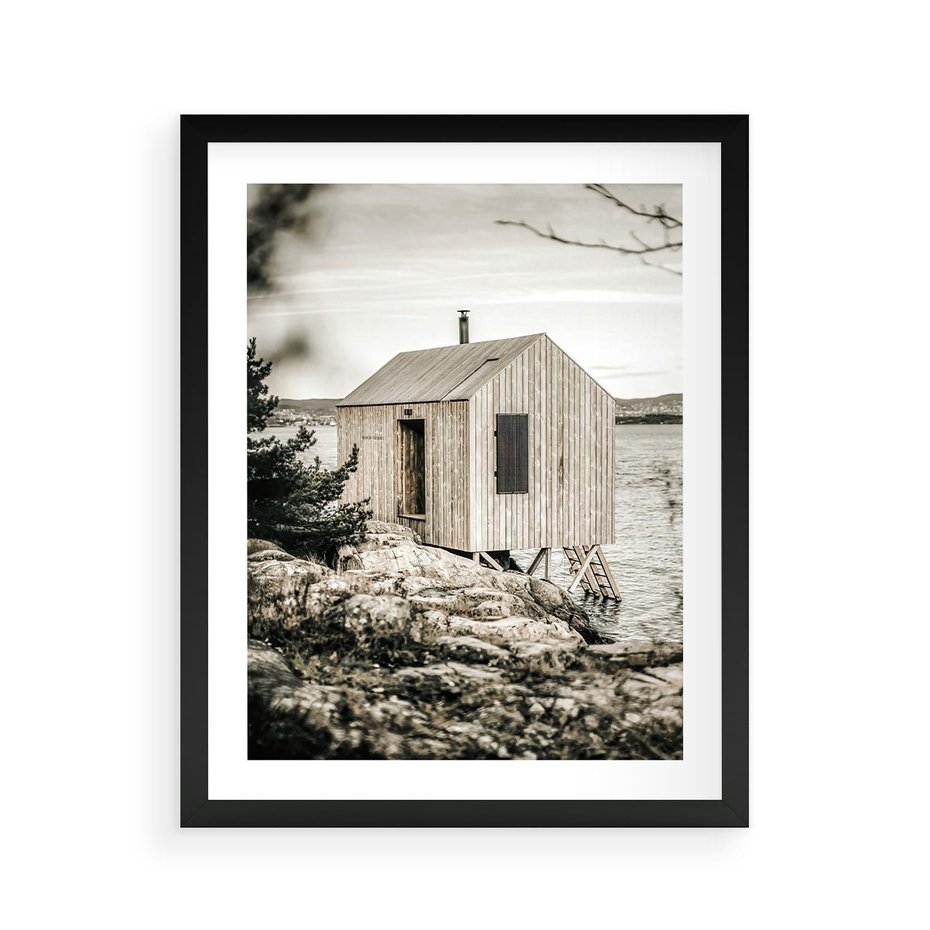 Plakat w ramie 40x50 - Nostalgiczna Oaza - rustykalny domek, domek nad jeziorem - rama czarna