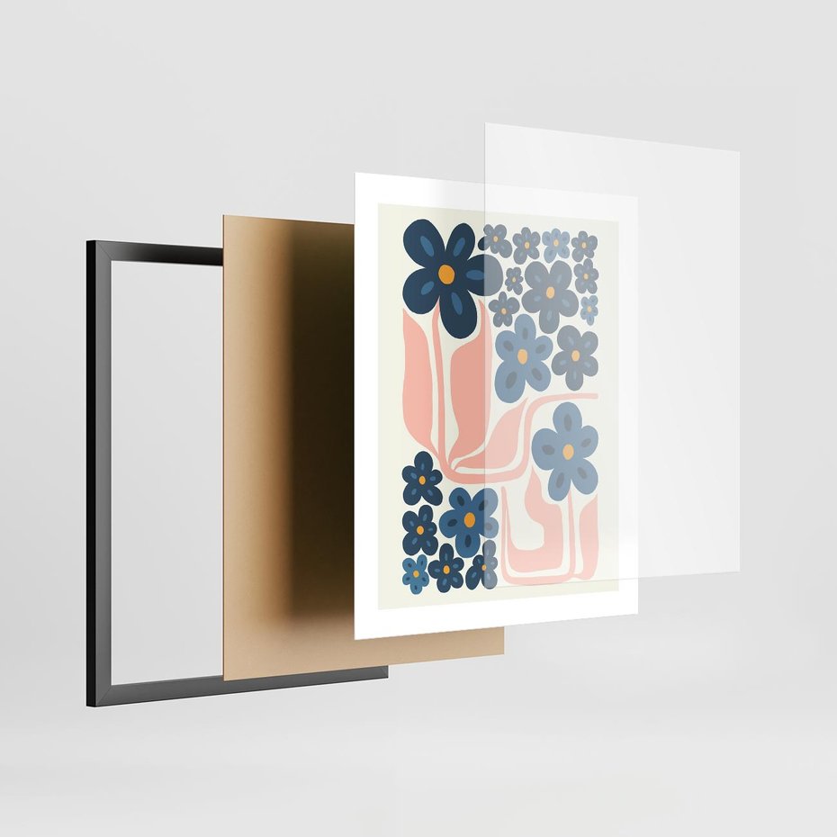 Plakat w ramie 40x50 - Niebieskie Refleksje - niebieskie kwiaty, niezapominajki - rama czarna