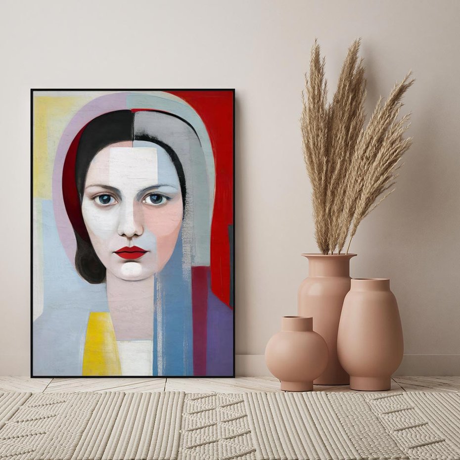 Obraz w ramie 70x100 - Kolorowe Granice Form - abstrakcyjny obraz olejny, portret twarzy kobiety - rama czarna