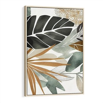 Obraz w ramie 80x120 - Współbrzmienie wewnętrznego ja - kompozycja z tropikalnych liści, stonowane kolory - rama drewno