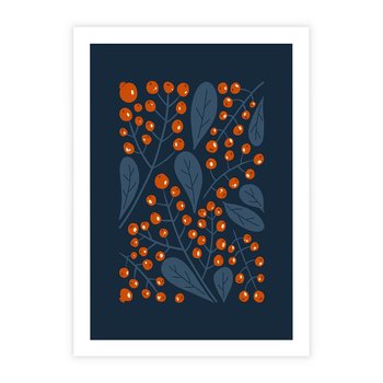 Plakat bez ramy 40x50 - Symfonia liści i owoców - granatowe tło, pomarańczowe owoce jarzębiny