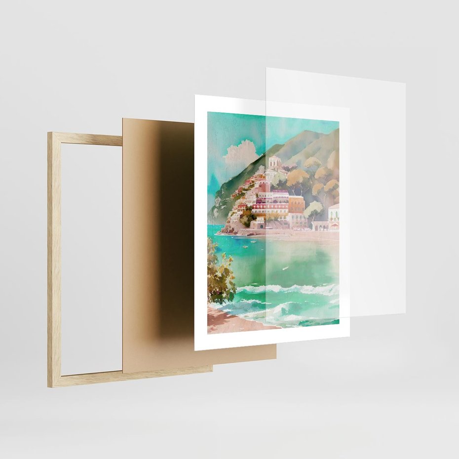 Plakat w ramie 40x50 - Na Zboczu - akwarela, nadmorski pejzaż - rama drewno