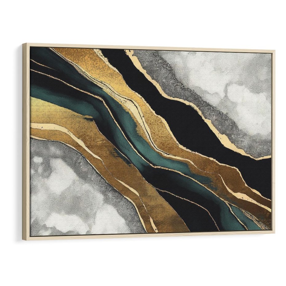Obraz w ramie 100x70 - Refrakcje płynącej rzeczywistości - jak marmurowa rzeka, linie złota - rama drewno