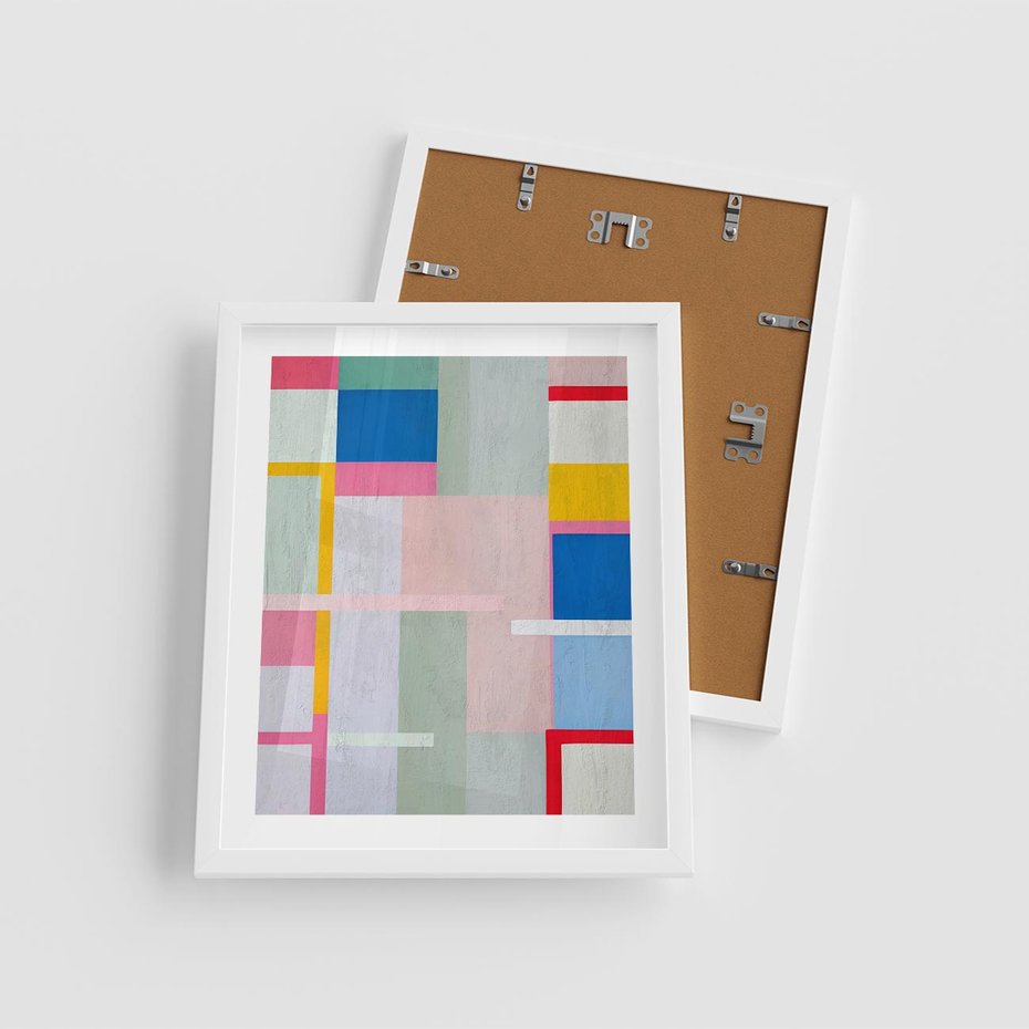 Plakat w ramie 40x50 - Rozbijające Granice Wyobraźni - abstrakcyjne geometryczne kształty, olejny obraz - rama biała