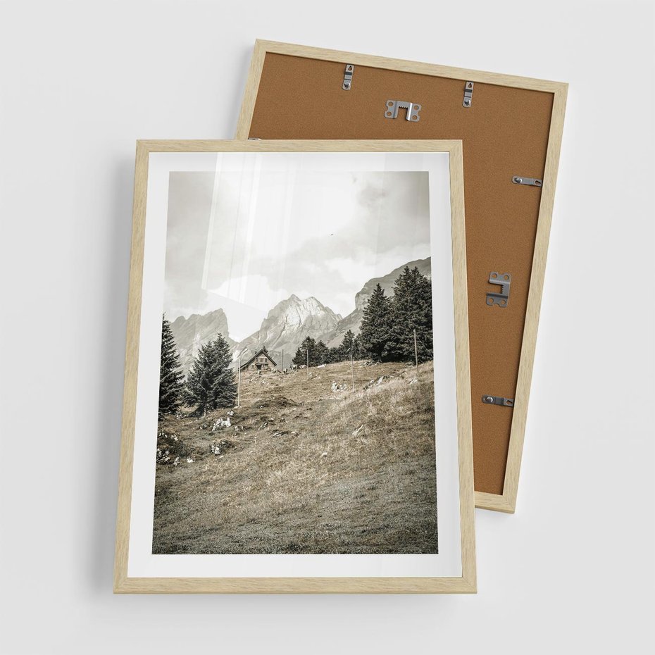 Plakat w ramie 50x70 - Krajobraz Sepii: Domek w Górach - domek w górach, góry - rama drewno
