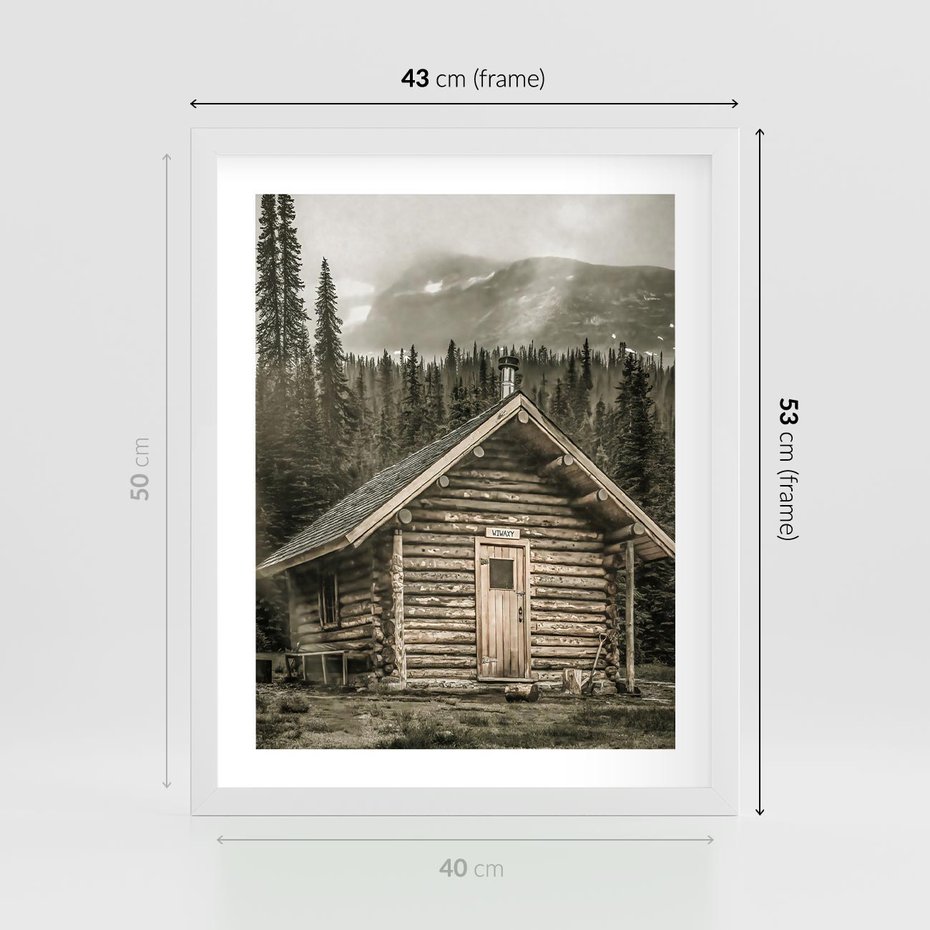 Plakat w ramie 40x50 - Urok Drewnianej Chatki w Górach - chatka w górach, drewniany domek - rama biała