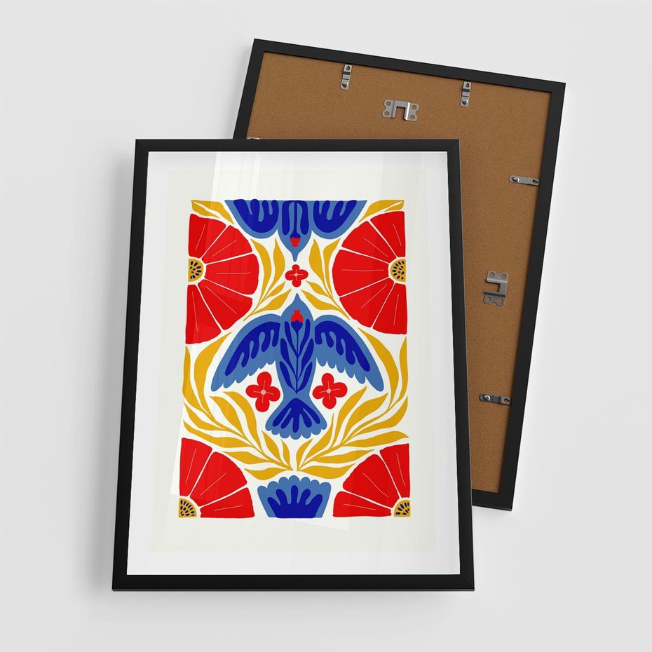 Plakat w ramie 50x70 - Eklektyczny Majestat - wyrazista grafika, mocne kolory czerwień niebieski żółty - rama czarna