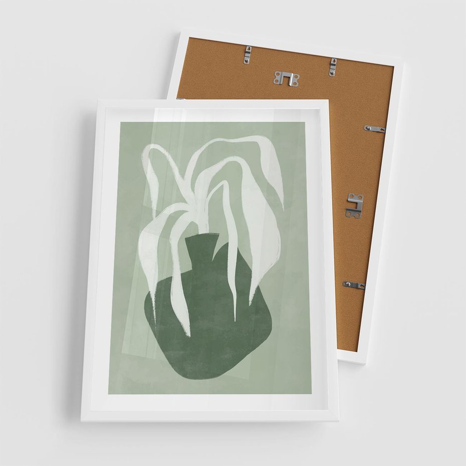 Plakat w ramie 50x70 - Zieleń Pulsującego Spokoju - zielona abstrakcja, zgaszona zieleń - rama biała