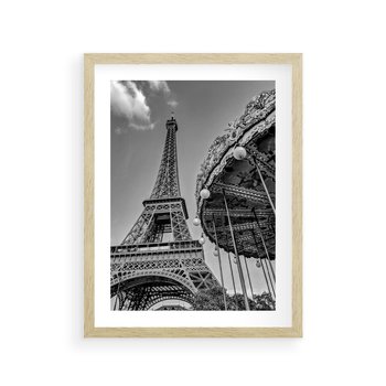 Plakat w ramie 50x70 - Zabawa w Paryżu - czarno białe zdjecie, wieża eiffla - rama drewno