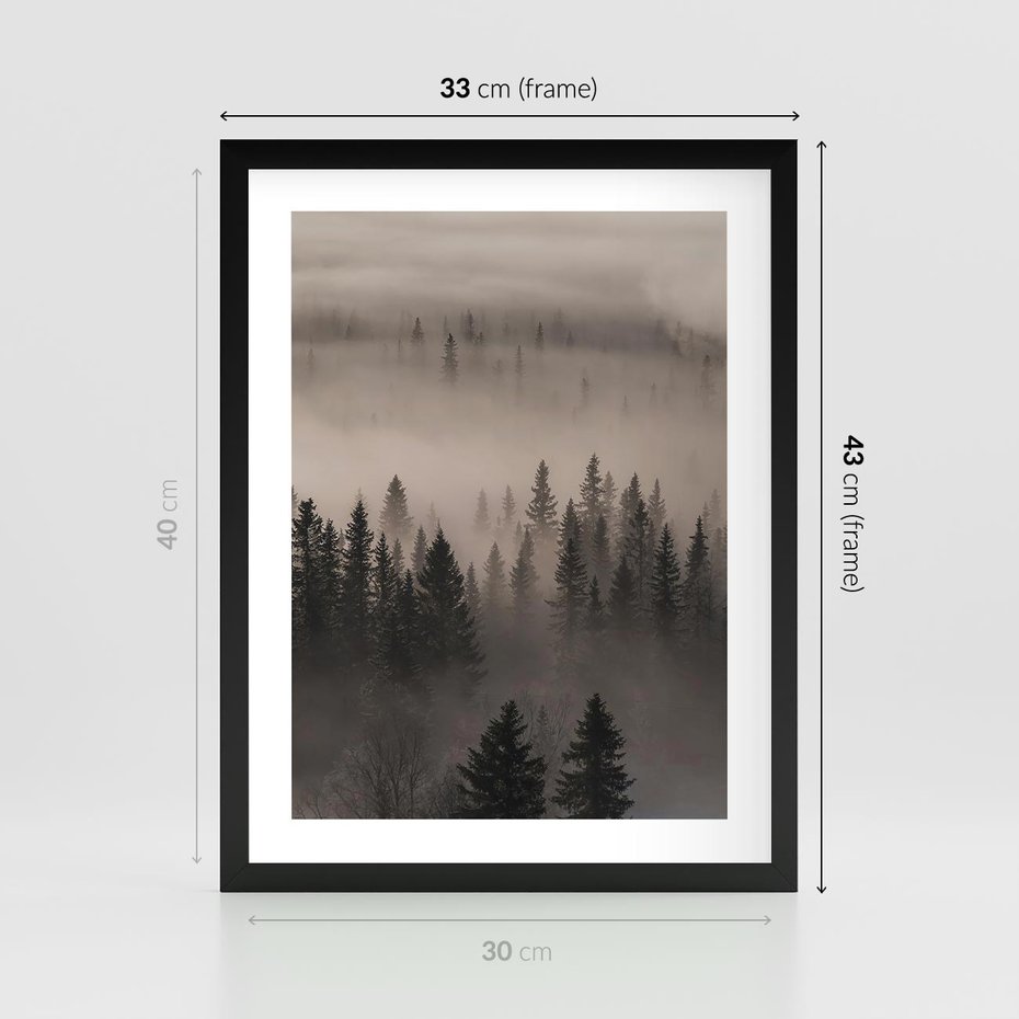 Plakat w ramie 30x40 - Mglista Opowieść Lasu - las, mgła - rama czarna