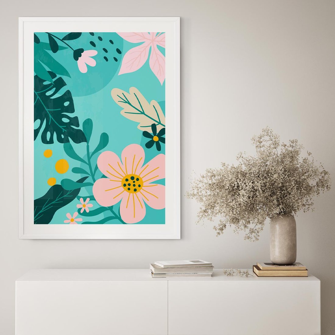 Plakat w ramie 30x40 - Kwiatowy Impuls - pastelowa kompozycja, kwiaty - rama biała