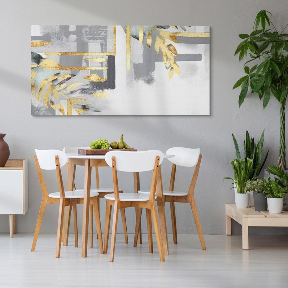 Obraz na płótnie 100x50 - Złote Palmy w Stylu Modern - geometryczne złote linie, szare tło