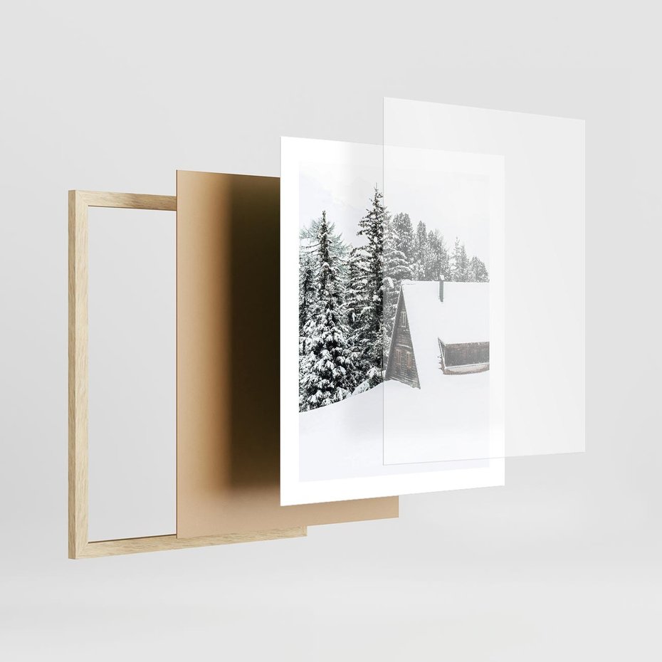 Plakat w ramie 40x50 - Zimowy Urok - śnieg, domek w górach - rama drewno