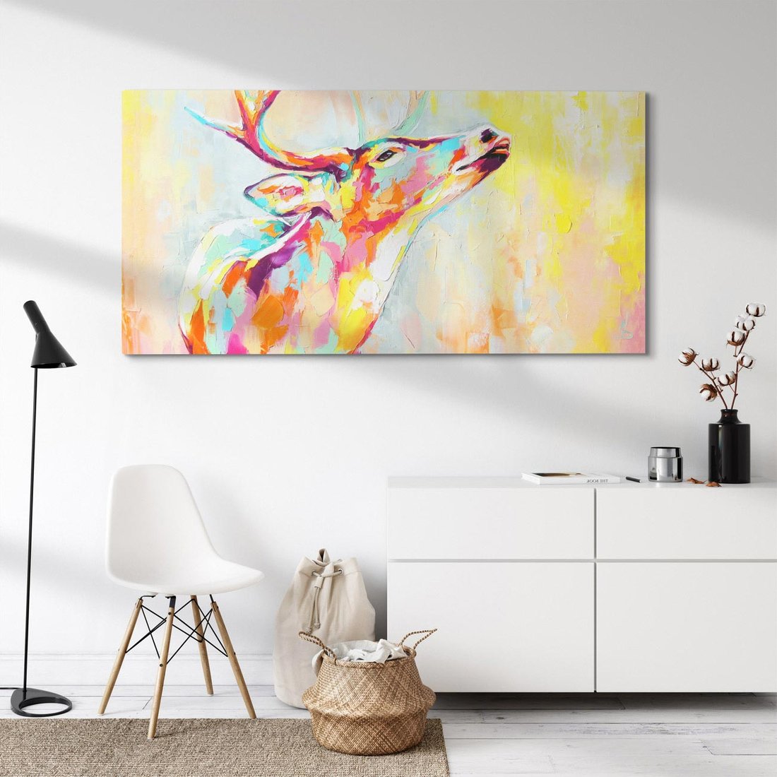 Obraz na płótnie 100x50 - Impresje snów malarza - kolorowy olejny obraz, jeleń ryczący na rykowisku