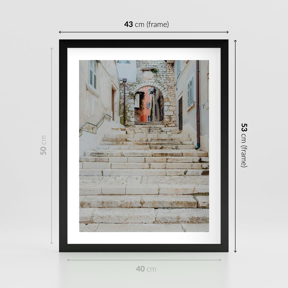 Plakat w ramie 40x50 - Schody we Włoskim Miasteczku - schody, śródziemnomorskie miasteczko - rama czarna