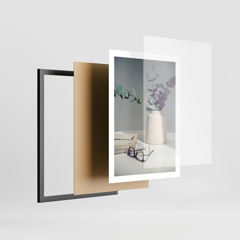 Plakat w ramie 50x70 - Eukaliptusowa Cisza - kompozycja, liście eukaliptusa w wazonie - rama czarna